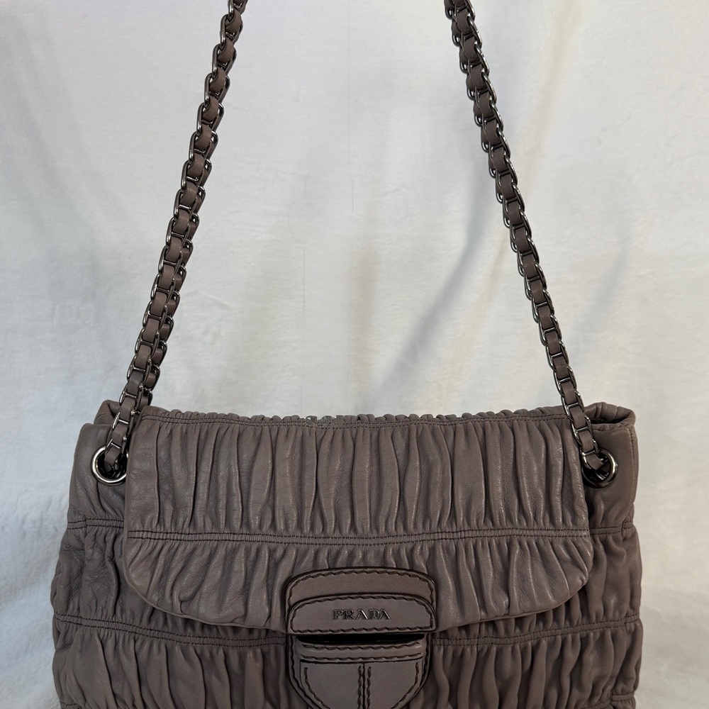 Prada Gray Napa Leather Gaufre Flap Shoulder Bag